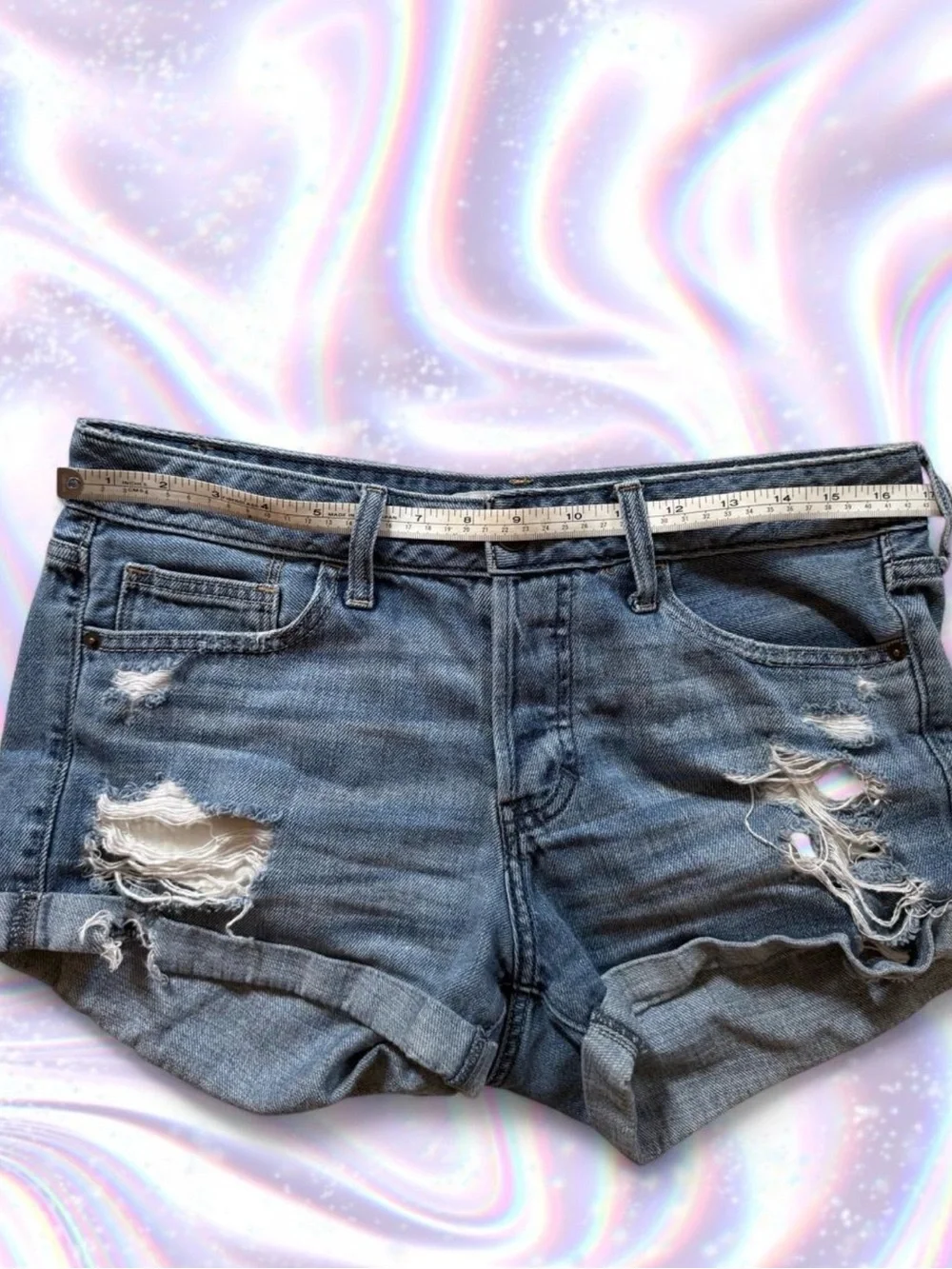 American Eagle Outfitters Distressed Rolled Hem Jean Shorts - Denim Blue